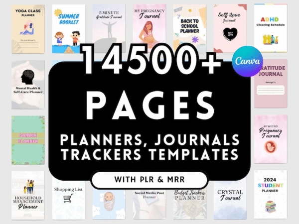 200+ قالب Canva احترافي و14,500+ صفحة جاهزة للطباعة مع حقوق إعادة البيع الكاملة (PLR + MRR)